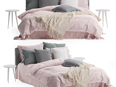 Comfortable Double Bed With Pink Bedding Gray White Pillows And Cozy Throw Blanket 3d model