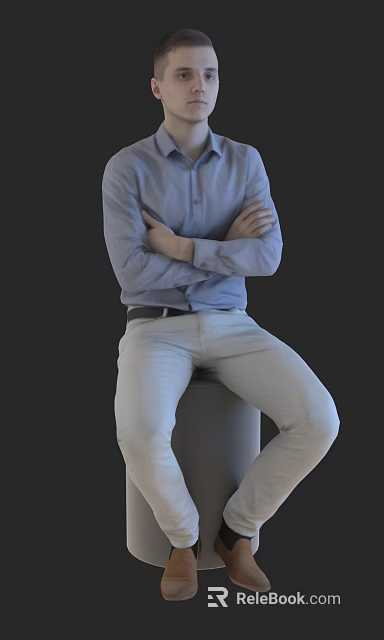 Man in blue shirt with arms crossed sitting on gray cylinder against black background 3d model 