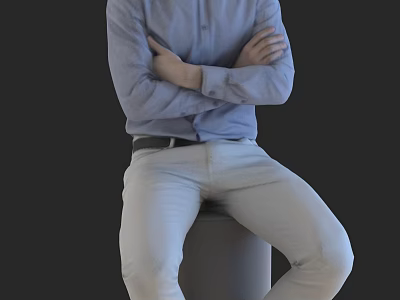 Man in blue shirt with arms crossed sitting on gray cylinder against black background 3d model