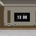 Modern TV Wall with Wooden Beige Panels Open Shelves Cabinet Decorative Items and Digital