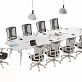 Modern White Conference Table With Wheeled Office Chairs Hanging Lights And Office Supplies