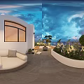 Modern Cozy Residential Terrace With Hanging Chair Lush Plants And Stunning Sea View At Dusk