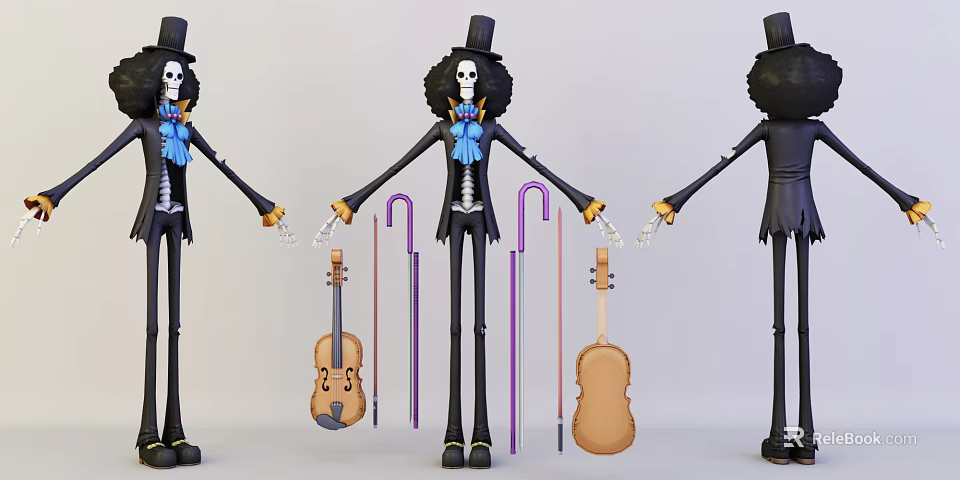 Game Movie Character Skeleton With Top Hat Curly Hair Holding Violin And Cane 3d model 