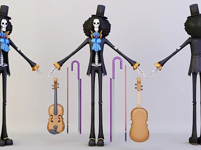 Game Movie Character Skeleton With Top Hat Curly Hair Holding Violin And Cane 3d model