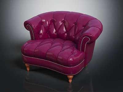 Plum Purple Leather Tufted Armchair With Nailhead Trim And Wooden Legs 3d model