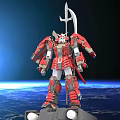 Red And Gold Samurai Style Mecha With Spear Weapon In Space Over Earth