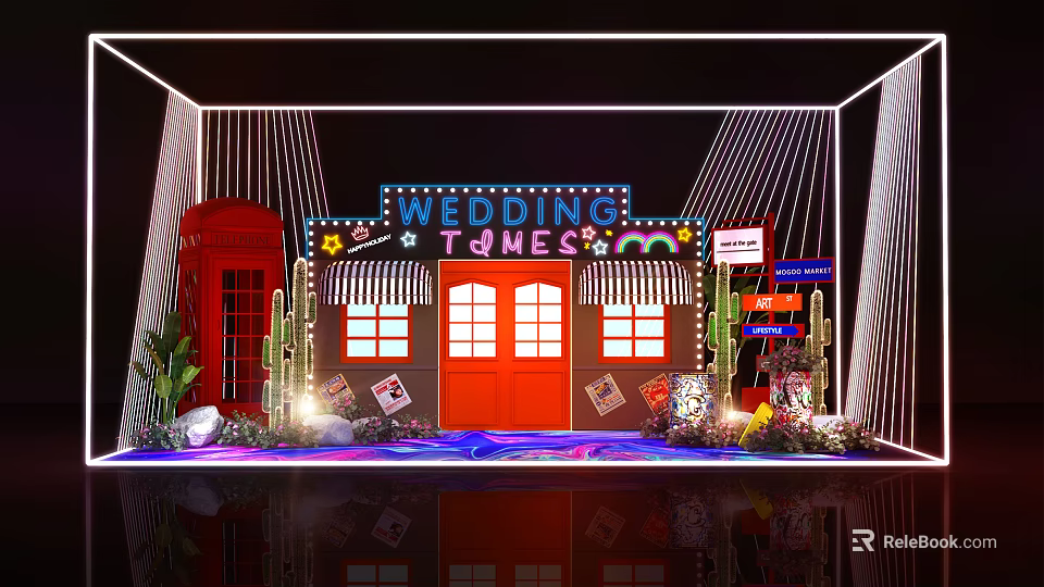Wedding Times Theme Decoration With Red Doors Neon Lights And Cacti 3d model 