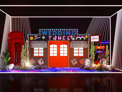 Wedding Times Theme Decoration With Red Doors Neon Lights And Cacti 3d model