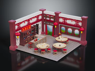 Traditional Chinese Restaurant Interior With Red Lanterns Round Tables And Baoji Chicken Sign 3d model