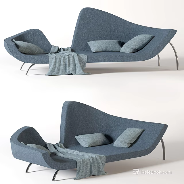 Unique Shaped Blue Fabric Sofa With Cushions Throw Blanket And Metal Legs 3d model 