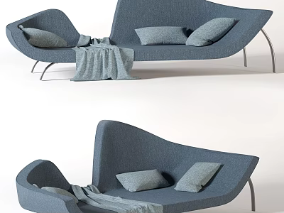 Unique Shaped Blue Fabric Sofa With Cushions Throw Blanket And Metal Legs 3d model