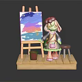 Beret Wearing Cartoon Character with Easel Colorful Painting Stool and Red Bucket on Wooden Platform