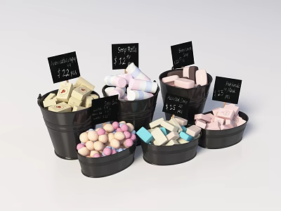 Display Shelves Featuring Colorful Candies Buckets Bowls And Price Tags 3d model