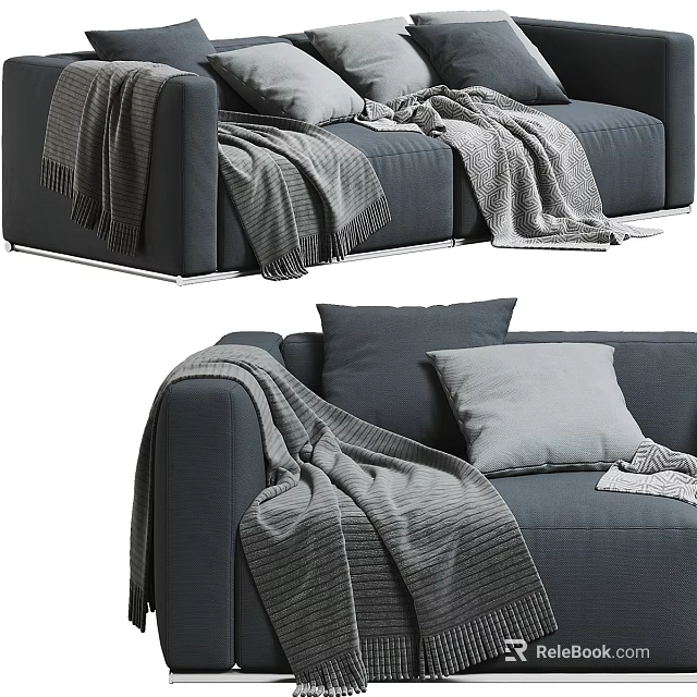 Cozy Double Sofa With Gray Blanket And Soft Pillows In Modern Design 3d model 