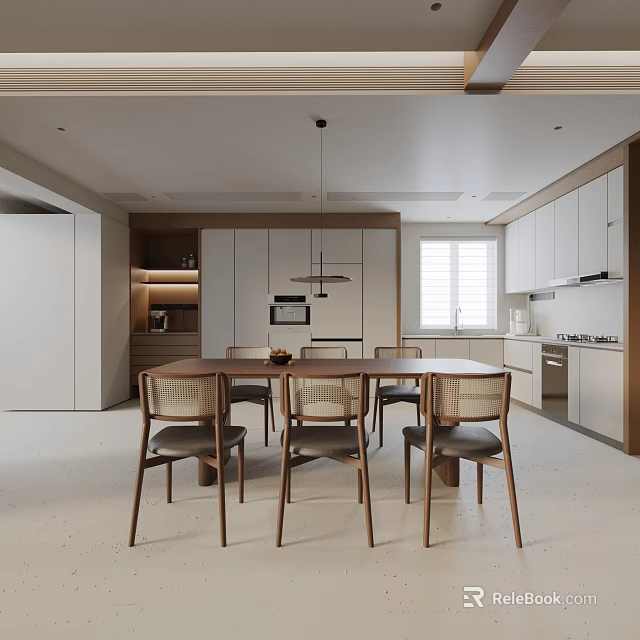 Modern Open Concept Kitchen Interior Design Featuring Stylish Dining Table Set And Chairs 3d model