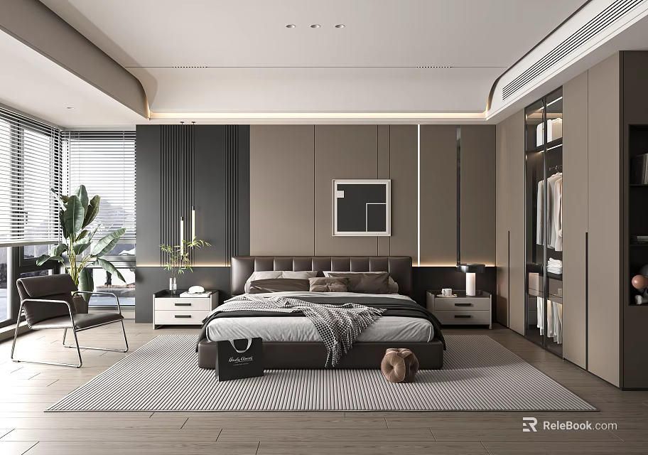 Modern Bedroom With Platform Bed Nightstand Lamp Potted Plant Wall Art And Wardrobe 3d model 