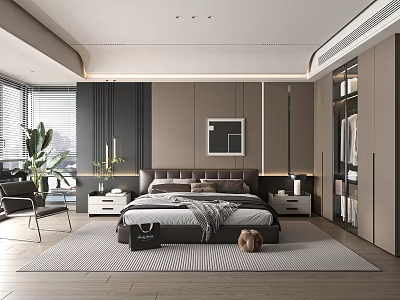 Modern Bedroom With Platform Bed Nightstand Lamp Potted Plant Wall Art And Wardrobe 3d model
