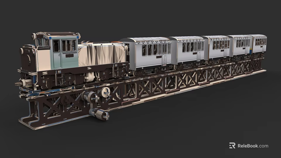 Vintage Steam Train With Multiple Silver Cars On Steel Rail Tracks 3d model 