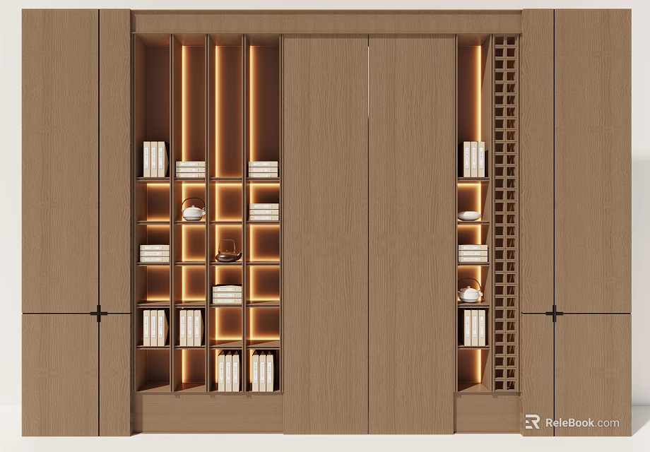 Elegant Modern Wooden Decorative Cabinet With Illuminated Shelves And Decorative Items 3d model 