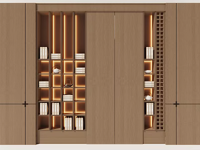 Elegant Modern Wooden Decorative Cabinet With Illuminated Shelves And Decorative Items 3d model