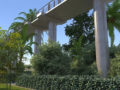 Commercial Landscape Featuring Concrete Viaduct Tall Columns Palm Trees Lush Bushes And Blue Sky 3d model