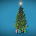 Green Christmas Tree With Star On Top And Colorful Gifts Around Blue Background