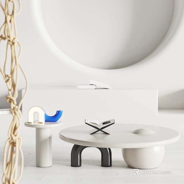 Minimalist Round Coffee Table With White Surface And Decorative Items In Modern Interior 3d model