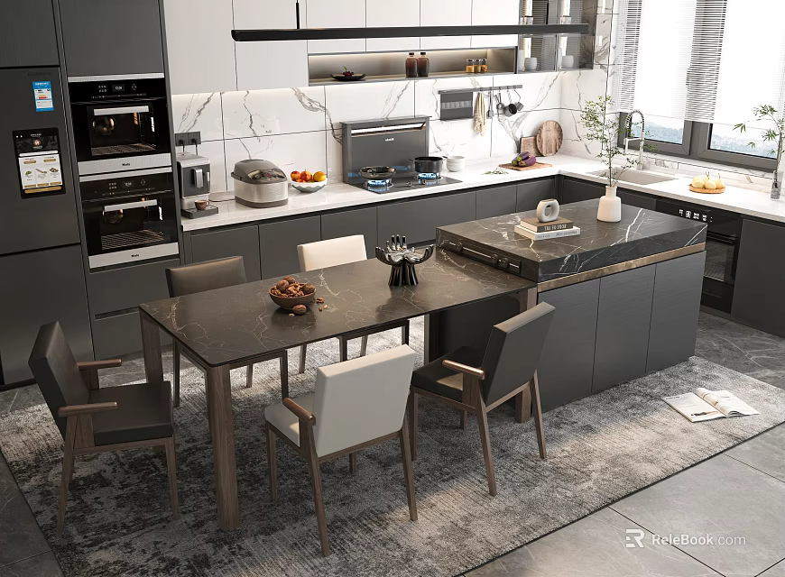 Modern Dining Table Set with Matching Chairs in Contemporary Kitchen With Marble Countertop And Cabinets 3d model 