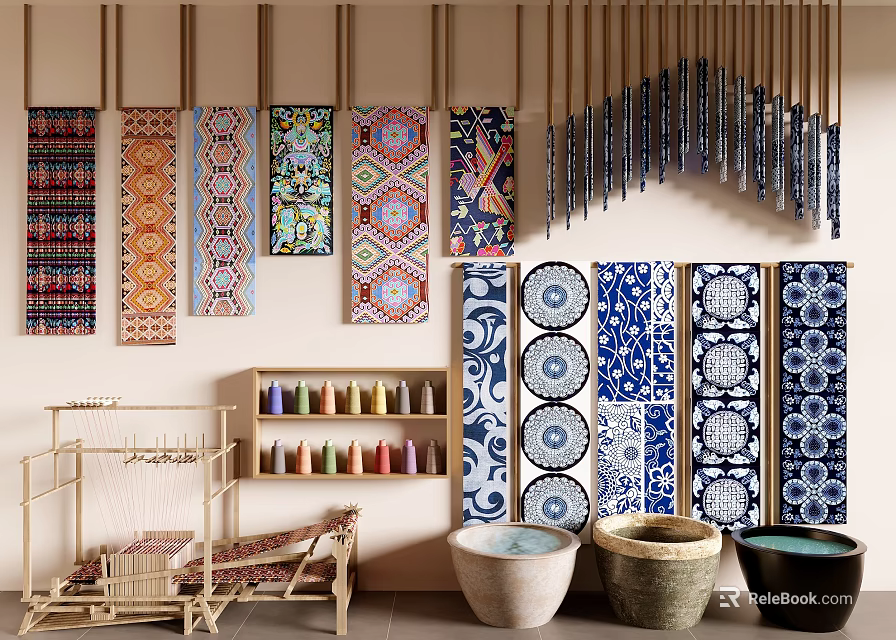 Art Installation With Colorful Geometric Tapestries Vertical Hanging Decor Blue White Tiles And Clay Pots 3d model 