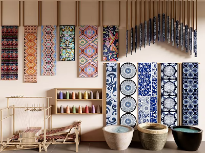 Art Installation With Colorful Geometric Tapestries Vertical Hanging Decor Blue White Tiles And Clay Pots 3d model
