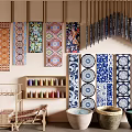 Art Installation With Colorful Geometric Tapestries Vertical Hanging Decor Blue White Tiles And Clay Pots