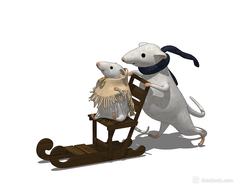 Stuffed Mice Dolls Featuring Larger In Blue Scarf Pushing Wooden Sled Smaller Wearing Fringed Scarf 3d model 
