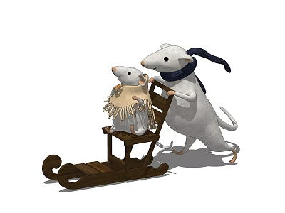Stuffed Mice Dolls Featuring Larger In Blue Scarf Pushing Wooden Sled Smaller Wearing Fringed Scarf 3d model