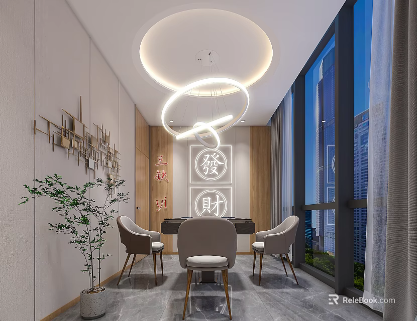 Hotel Mahjong Room Modern Interior Design With Circular Pendant Lights Tables Chairs And City View 3d model 