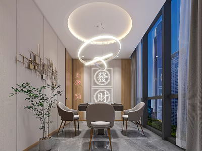 Hotel Mahjong Room Modern Interior Design With Circular Pendant Lights Tables Chairs And City View 3d model