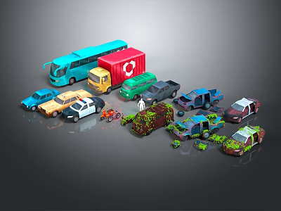 Various Vehicles Including Bus Ambulance Truck Vans And Damaged Cars Overgrown With Plants 3d model