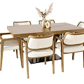 Wooden Dining Table Set with Upholstered Chairs and Decorative Centerpiece