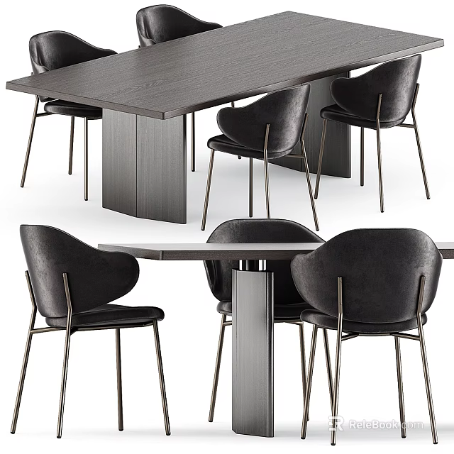 Modern Dining Table And Chair Set With Wooden Top Leather Seats And Metal Legs 3d model 