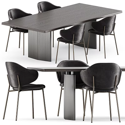 Modern Dining Table And Chair Set With Wooden Top Leather Seats And Metal Legs 3d model