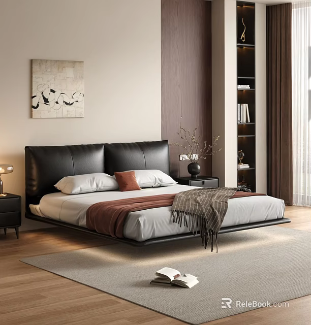 Modern Double Bed With Black Leather Headboard White Sheets Red Cushion And Brown Blanket 3d model 