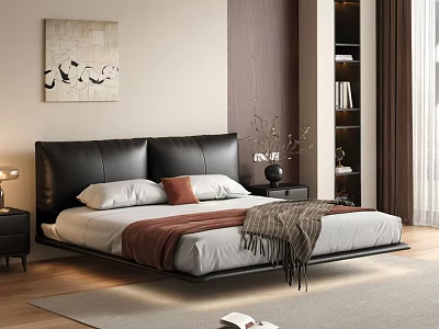 Modern Double Bed With Black Leather Headboard White Sheets Red Cushion And Brown Blanket 3d model