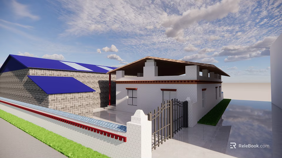 Traditional Style House With White Walls Blue Roof Wooden Eaves And Courtyard Gate 3d model 