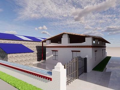 Traditional Style House With White Walls Blue Roof Wooden Eaves And Courtyard Gate 3d model