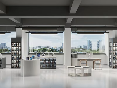 Modern Shopping Mall Store Interior With Display Shelves Large Windows And City View 3d model