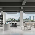 Modern Shopping Mall Store Interior With Display Shelves Large Windows And City View