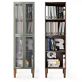 White Grid Door And Wooden Multiple Shelves Bookcase With Books Wine Bottles And Decorative Items