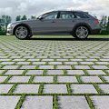 Outdoor Paved Ground With Gray Square Pavers And Green Grass Growing Between Gaps
