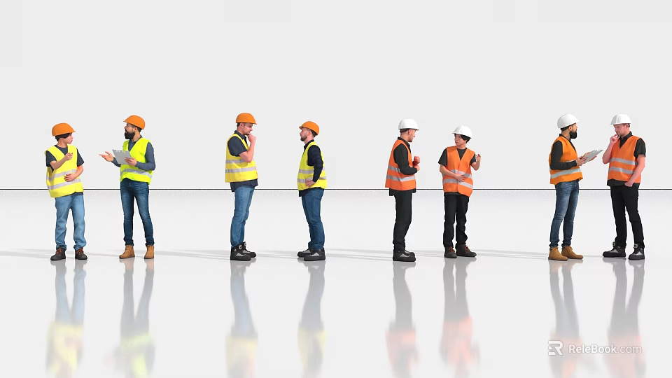 Team of Construction Workers Wearing Safety Vests and Hard Hats Standing in Line Together 3d model 
