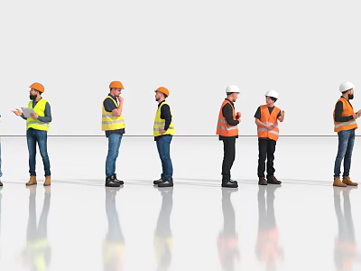 Team of Construction Workers Wearing Safety Vests and Hard Hats Standing in Line Together 3d model