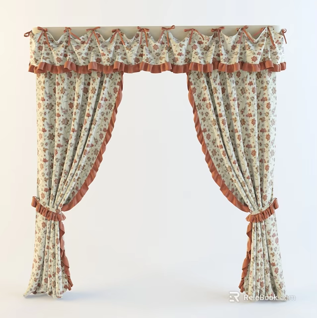 Elegant Ruffled Curtains with Floral Pattern and Brown Trim Valance 3d model 